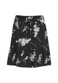 Fustă neagră florală, fabricată dintr-un material ușor, cu talie ajustabilă, margine evazată și modele florale albastre deschise.