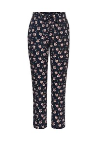 Pantalon à fleurs bleu marine en tissu doux, doté d'une taille à cordon, de fleurs roses avec des accents verts, et d'une coupe fuselée.
