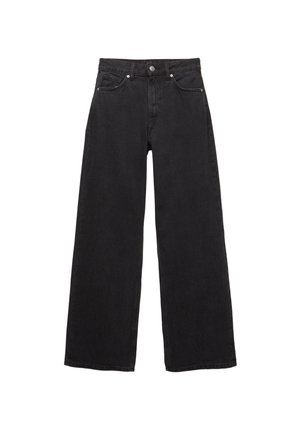 Jeans din denim negri cu picioare largi și talie înaltă, având închidere cu nasture, buzunare frontale și o textură netedă.