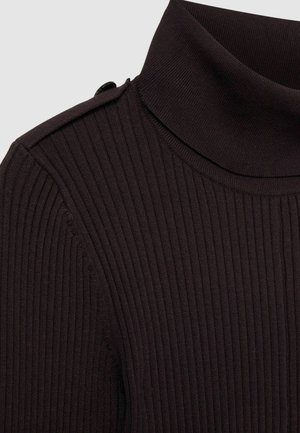 Dark ribbed turtleneck sweater featuring a high collar and buttoned shoulder detail. The texture is soft and stretchable.
