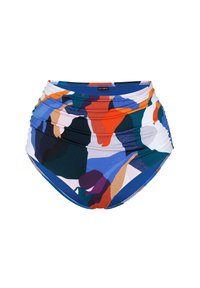 Costume da bagno a vita alta con un motivo astratto multicolore, realizzato in tessuto elasticizzato con lati arricciati e una fascia in vita blu solido.