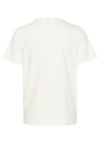 Baltas medvilnės T-shirt marškinėliai su apvaliu iškirpimu, trumpomis rankovėmis ir laisvu siluetu. Lygi tekstūra ir minimalus dizainas, be matomų prekinių ženklų ar raštų.