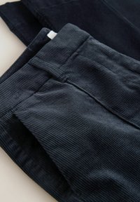 Dark navy corduroy pants with prominent ribbed texture and a structured waistband. Features two side pockets and clean stitching details.