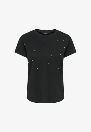 Czarny t-shirt z krótkim rękawem i okrągłym dekoltem, ozdobiony na przodzie rozrzuconymi małymi srebrnymi koralikami.