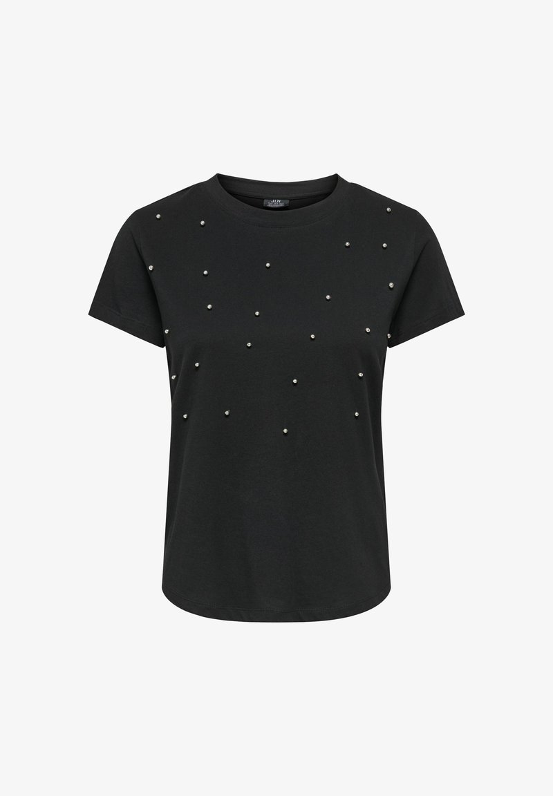 Μαύρο κοντομάνικο t-shirt με στρογγυλή λαιμόκοψη και μικρές διακοσμητικές ασημένιες χάντρες διασκορπισμένες στο μπροστινό μέρος.