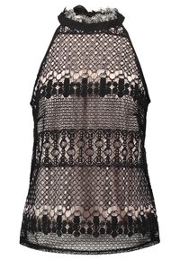 Top in pizzo nero a halter con motivi floreali e circolari, texture trasparente e scollatura a volant. Fit aderente, senza chiusure visibili.