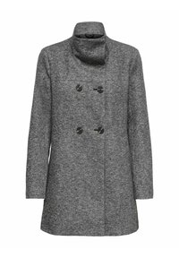 Manteau gris à double boutonnage avec un col haut, fabriqué en tissu texturé. Comprend deux boutons noirs et une coupe droite.
