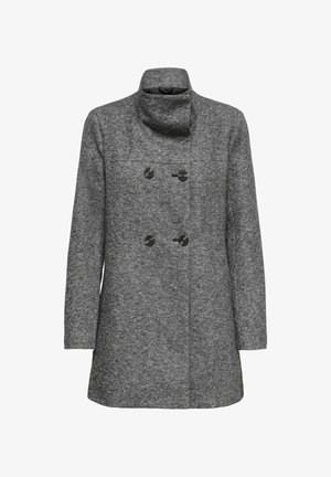 Manteau gris à double boutonnage avec un col haut, fabriqué en tissu texturé. Comprend deux boutons noirs et une coupe droite.