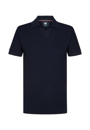 Polo en maille bleu marine pour homme à manches courtes avec motif texturé et col ouvert.