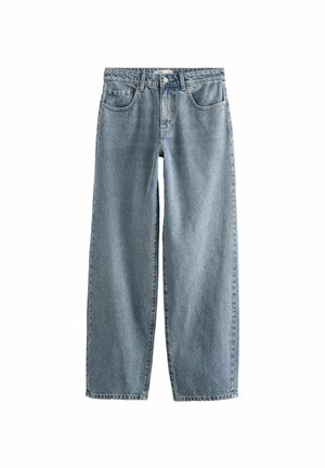 Ljusblå denimjeans med rak passform, femficksdesign, synlig sömnad och klassisk knäppning med knappar.