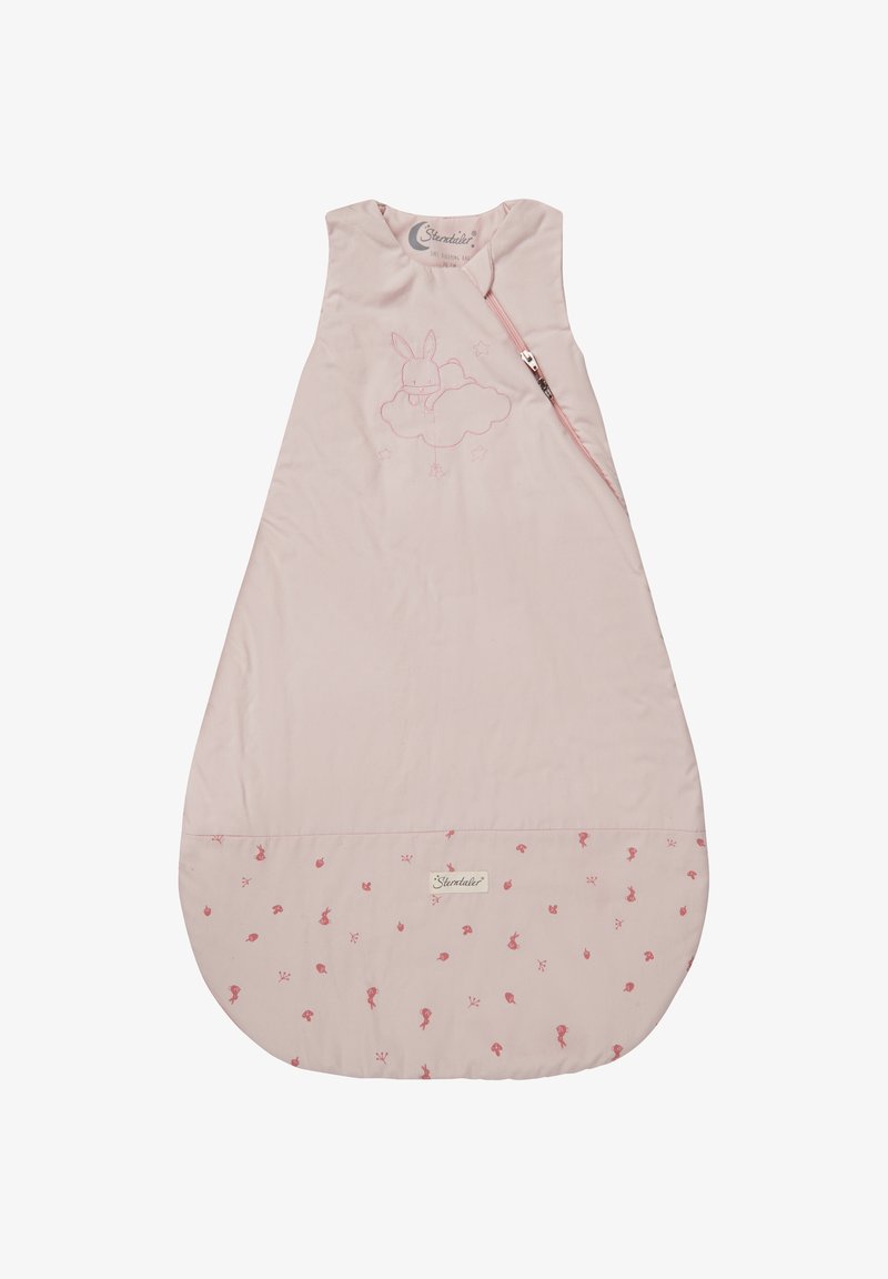 Schlafsack aus hellpinkem Stoff mit einem Design von einem Hasen und Wolken, mit Reißverschluss und einem unteren Saum mit kleinen pinken Mustern.