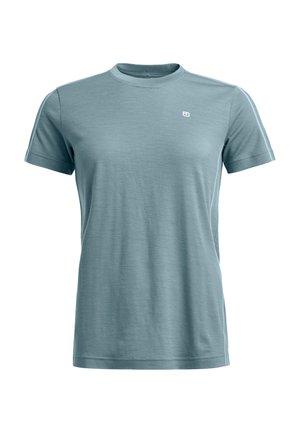 Light blue short-sleeve t-shirt made of soft fabric, featuring a crew neck and a small logo on the chest. Plain design, no patterns.
