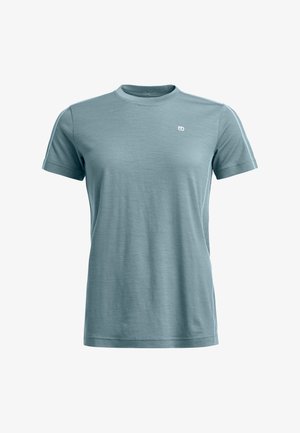 Light blue short-sleeve t-shirt made of soft fabric, featuring a crew neck and a small logo on the chest. Plain design, no patterns.