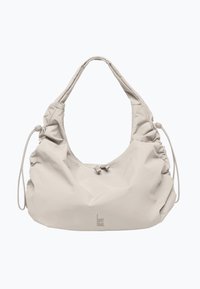 Sac à épaule beige en matériau texturé, avec un design froncé, une fermeture à cordon et un logo imprimé à l'avant.