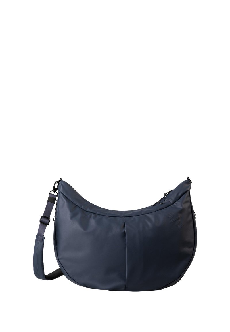 Borsa a spalla a forma di mezzaluna di colore blu navy con tracolla regolabile e logo in rilievo discreto sul lato anteriore destro.