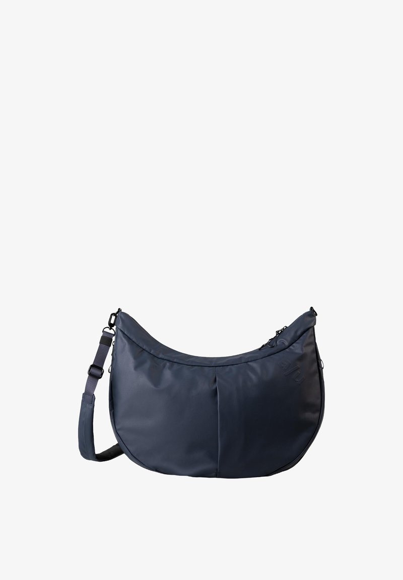 Navy blue crescent-shaped shoulder bag with adjustable strap and subtle embossed logo on the front right side.