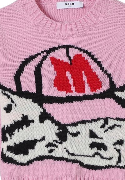 Maglione rosa lavorato a maglia con un design grafico in bianco e nero, accentuato da un tocco di rosso. Collo rotondo e bordi a coste per una maggiore texture.