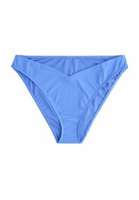 Lyseblå bikiniunderdel med V-formet udskæring, lavet af glat stof, med sømløs finish og moderat dækning. Justerbare sider.