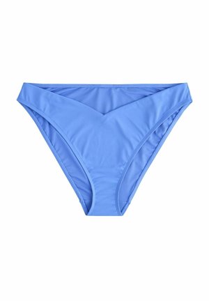 Vaaleansininen bikinitrikoiden alaosa V-leikkauksella, valmistettu sileästä kankaasta, saumattomalla viimeistelyllä ja kohtuullisella peittävyydellä. Säädettävät sivut.