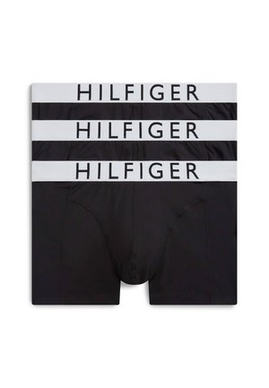Trois boxers noirs empilés, chacun avec une ceinture blanche portant la mention "HILFIGER" en lettres noires grasses.