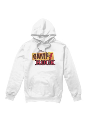 Weißer Hoodie mit Fronttasche und Kordeln, mit dem "Disney Camp Rock" Logo und Gitarrensilhouette in Rot und Gelb.