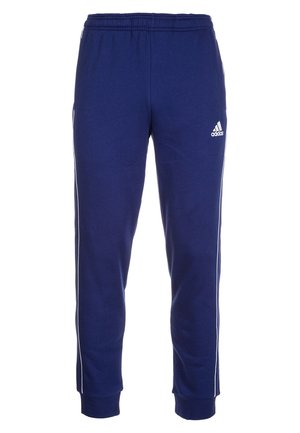 Marineblaue Adidas-Trainingshose mit elastischem Bund, weißen Seitenstreifen, Bündchen an den Knöcheln und weißem Adidas-Logo am rechten Oberschenkel.