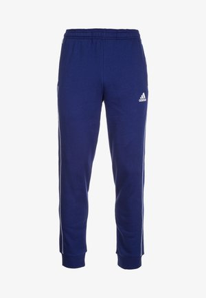 Marineblaue Adidas-Trainingshose mit elastischem Bund, weißen Seitenstreifen, Bündchen an den Knöcheln und weißem Adidas-Logo am rechten Oberschenkel.