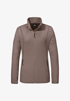 Mauvefarbene Fleecejacke mit durchgehendem Reißverschluss, Stehkragen, zwei Reißverschlusstaschen an den Seiten, langen Ärmeln und dezentem Logo auf der Brust.