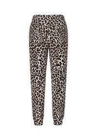 Leopard print joggers with an elastic waistband, tapered legs, and soft fabric texture. Color palette includes beige, black, and brown spots.