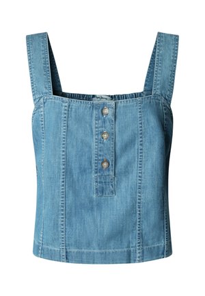 Svetlomodrý rifle bez rukávov so širokými ramienkami a tromi gombíkmi vpredu v strede.