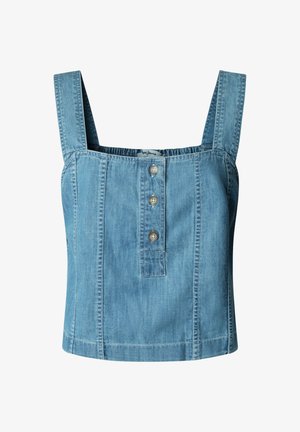 Svetlomodrý rifle bez rukávov so širokými ramienkami a tromi gombíkmi vpredu v strede.