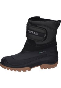 Schwarzer wasserdichter Winterstiefel mit strukturiertem Gummisohlenprofil und Klettverschluss. Verfügt über einen gepolsterten Schaft und strapazierfähiges Material für kaltes Wetter.