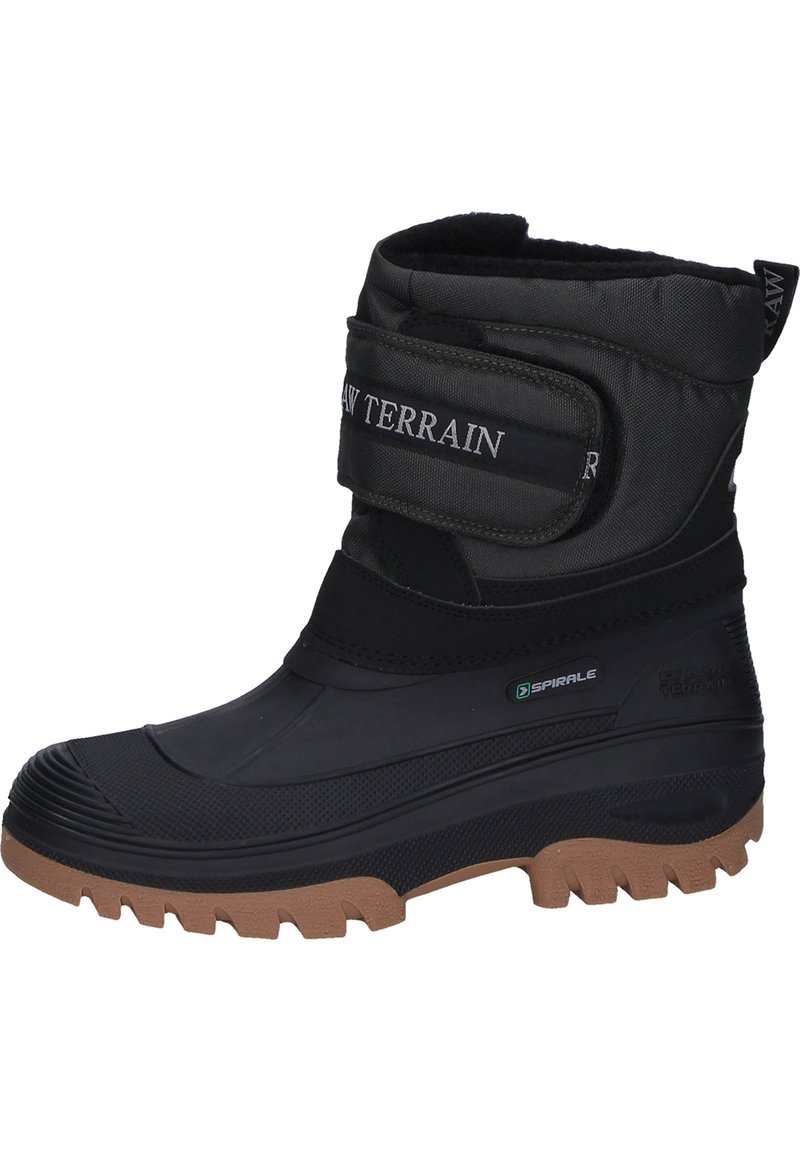 Schwarzer wasserdichter Winterstiefel mit strukturiertem Gummisohlenprofil und Klettverschluss. Verfügt über einen gepolsterten Schaft und strapazierfähiges Material für kaltes Wetter.