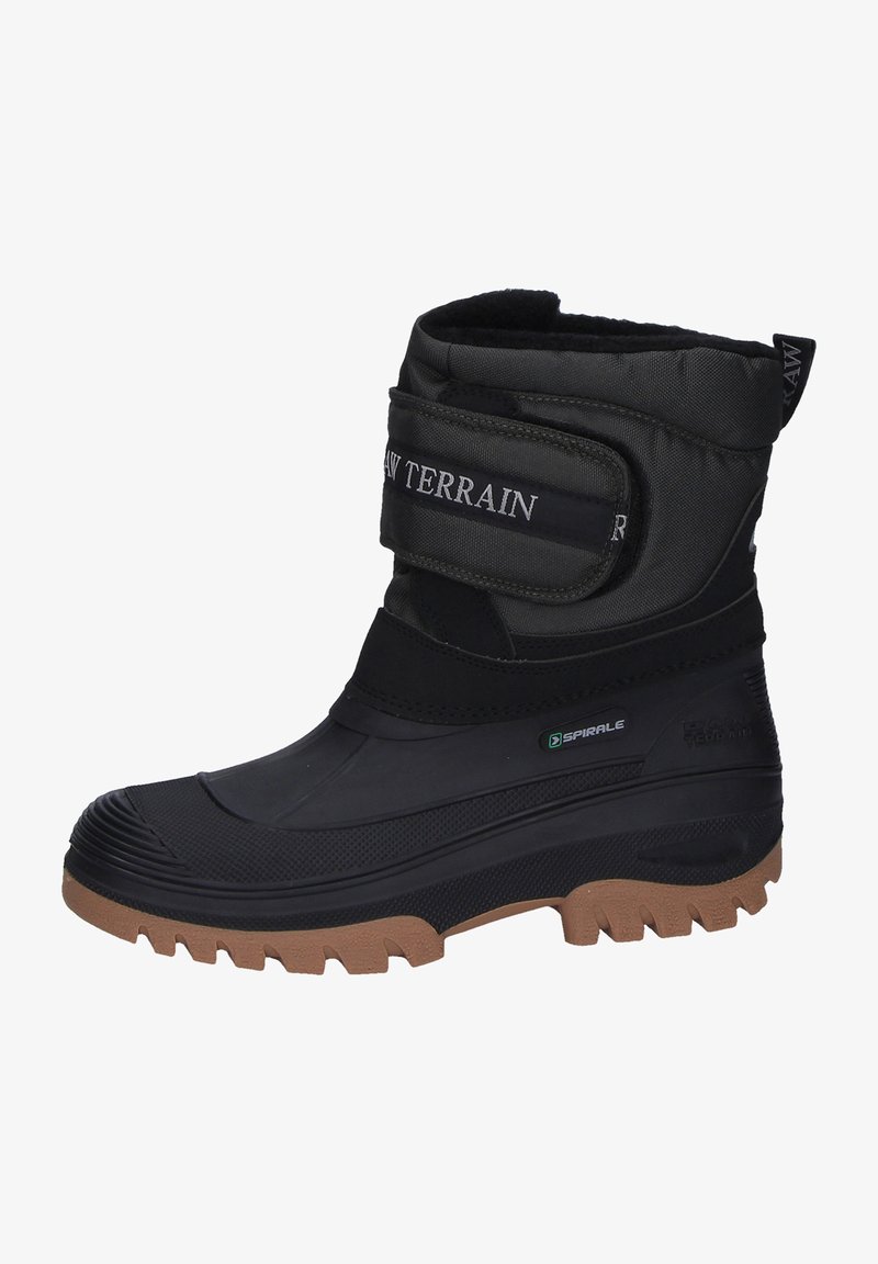Schwarzer wasserdichter Winterstiefel mit strukturiertem Gummisohlenprofil und Klettverschluss. Verfügt über einen gepolsterten Schaft und strapazierfähiges Material für kaltes Wetter.