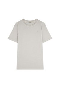 T-shirt in cotone grigio chiaro a maniche corte con colletto girocollo e un piccolo logo discreto sul lato sinistro del petto.