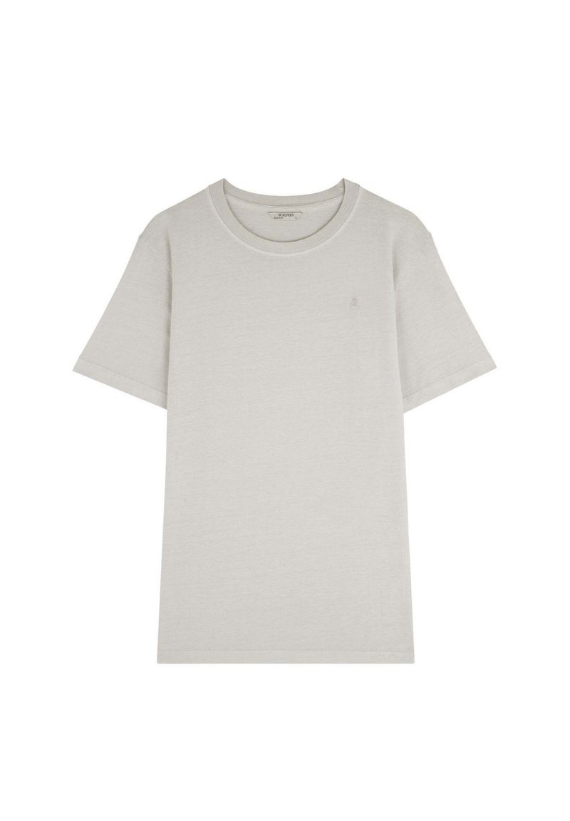T-shirt in cotone grigio chiaro a maniche corte con colletto girocollo e un piccolo logo discreto sul lato sinistro del petto.