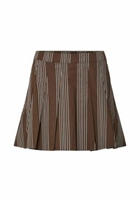 Bruine geplooide rok met witte verticale strepen, voorzien van een smalle tailleband en een zachte katoenstructuur, ontworpen voor een casual pasvorm.