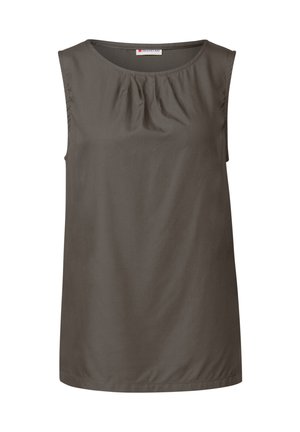 Top senza maniche di colore grigio scuro con scollatura rotonda, dettagli arricciati sul davanti e texture morbida, realizzato in tessuto leggero.