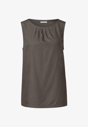 Ärmlös mörkgrå topp med rund halsringning, samlad detaljering framtill och en mjuk textur, tillverkad av lättviktsmaterial.