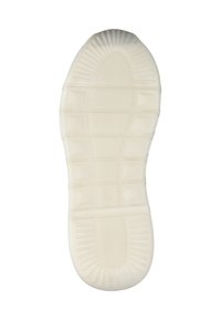 Witte rubberen sneakerzool met geprofileerde grippatronen, horizontale ribbels en een afgerond teenontwerp. Over het algemeen een gladde, matte afwerking.