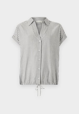 Blouse à manches courtes rayée en gris et blanc, avec un col en V, un devant à boutons et un ourlet à cordon pour un ajustement réglable.