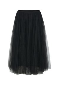 Black tulle skirt featuring a layered design, elastic waistband, and flowy texture, falling below the knee. Lightweight and semi-sheer.
