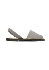 Gray suede slingback sandal featuring a flat sole, open toe, and simple design with minimal detailing.