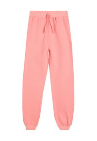 Lyserøde sweatpants lavet af blødt materiale, med elastisk talje med snor og elastiske manchetter ved anklerne.
