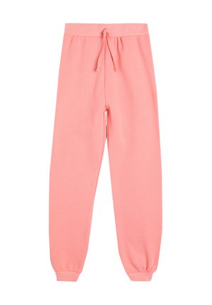 Lyserøde sweatpants lavet af blødt materiale, med elastisk talje med snor og elastiske manchetter ved anklerne.