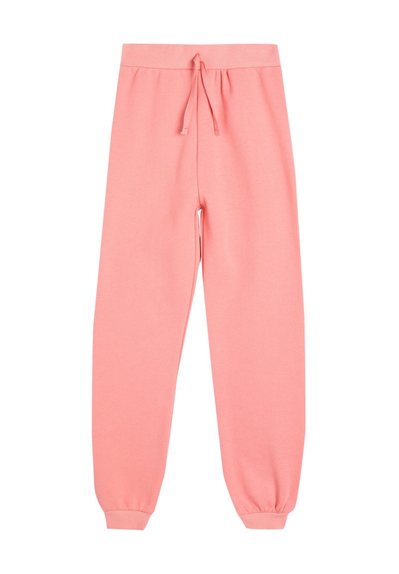 Lyserøde sweatpants lavet af blødt materiale, med elastisk talje med snor og elastiske manchetter ved anklerne.