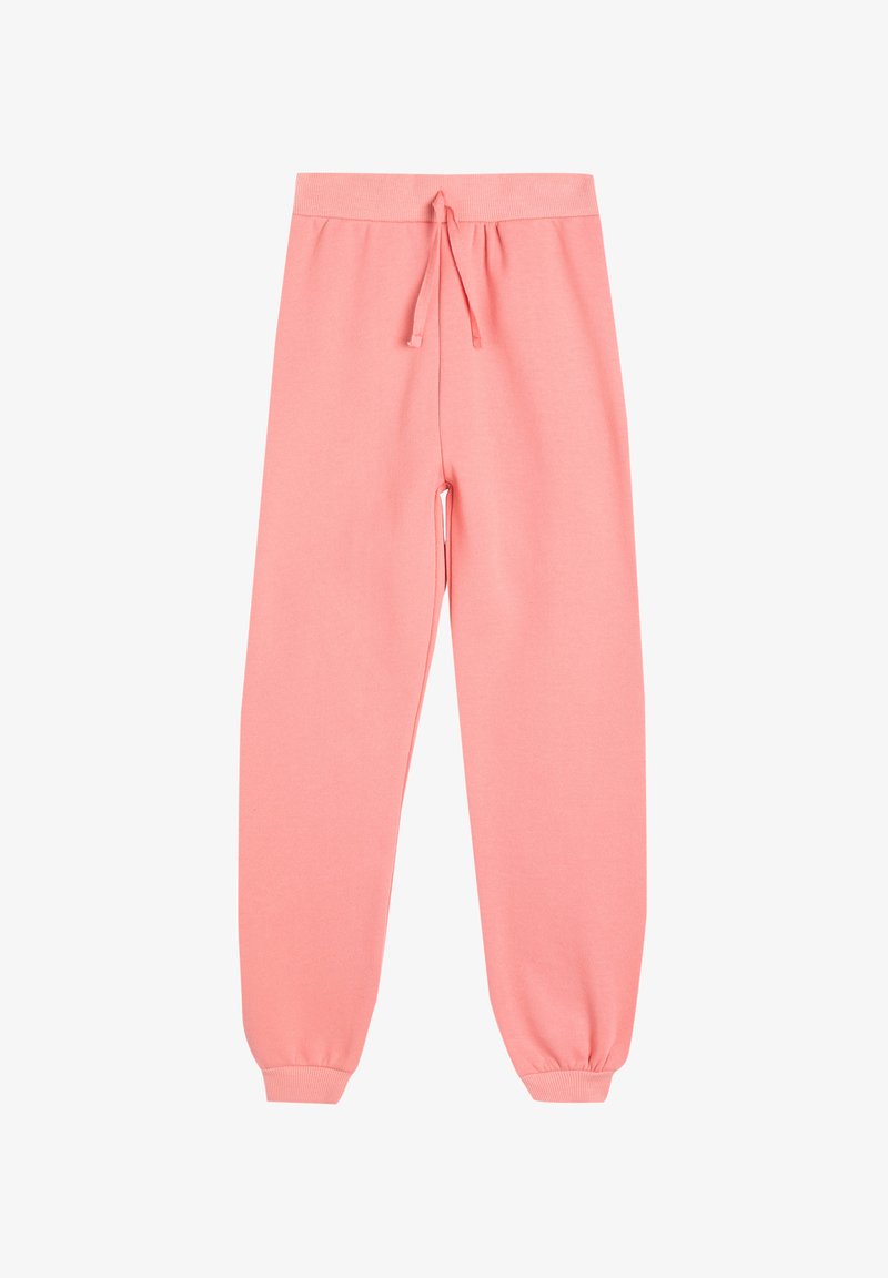 Pink sweatpants made of soft material, featuring an elastic waistband with a drawstring and elastic cuffs at the ankle.