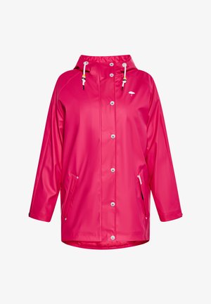 Rosa wasserdichte Jacke mit Kapuze, Druckknopfverschlüssen, zwei Seitentaschen und kontrastierenden weißen Kordeln. Glatte, glänzende Textur.