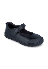 Scarpa Mary Jane nera in pelle con una fascia diritta sopra il collo del piede, punta tonda, suola texturizzata e interno imbottito per il comfort.