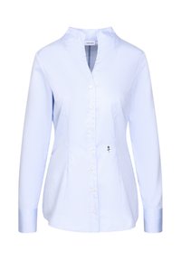 Camicia a maniche lunghe a righe blu chiaro e bianco, con colletto, bottoni frontali e un ricamo di una rosa sul lato sinistro.